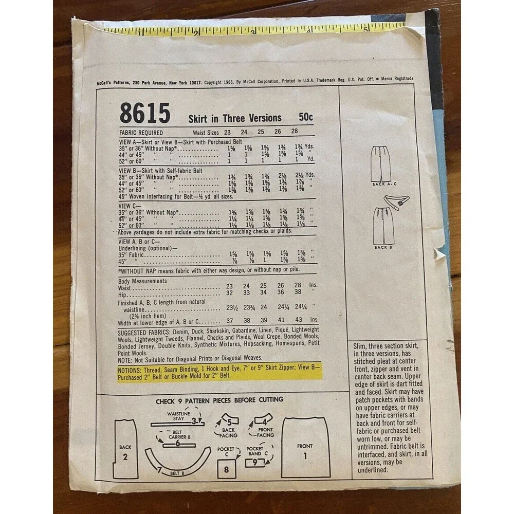 Vintage McCalls 1966 Pattern 8615 3 Version Skirt Uncut Sewing Pattern